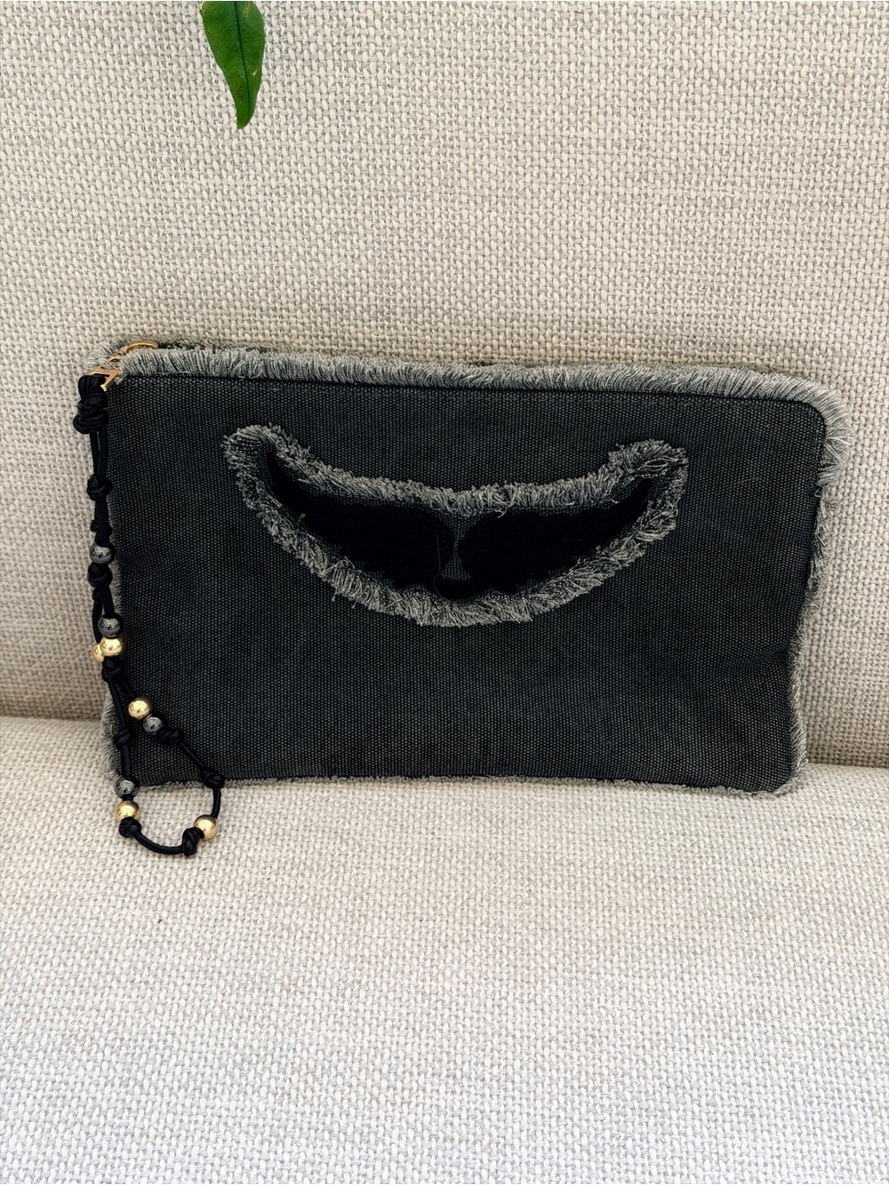 Zadig & Voltaire Black Canvas Fringed Wristlet Clutch
